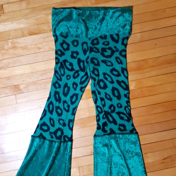Leopard Print Velour Turquoise/Emerald Festival Dance Burning Man Rave Pants - Picture 6 of 9